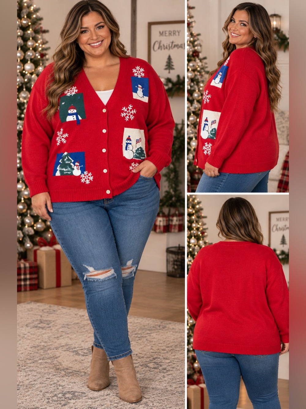 Vintage Classic Elements 24-26W Christmas Snowman Cardigan Red Plus Size